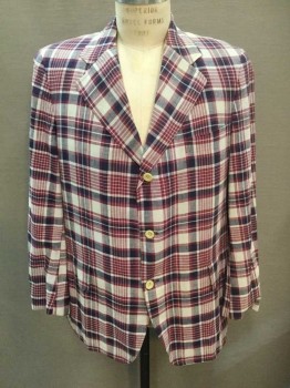 PHELPS TERKEL, Wine Red, Aubergine Purple, White, Cotton, Plaid, Single Breasted, Collar Attached, Notched Lapel, 3 Pockets, 3 Buttons