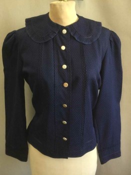 N/L, Navy Blue, Silk, Polka Dots, Faille with White Dots, Long Sleeve Button Front, Peter Pan Collar, Pleated Self Ruffles At Edge Of Collar, Some Of Buttons Are White with Intricate Gold Pattern, (Top 3 Are Plain White - Possibly Replaced), 3 Pintucks At Either Side Of Button Placket and At Cuffs, Scallopped Yoke Seam In Back with Vertical Pleats At Center Back, Slate Gray Cotton Lining,
