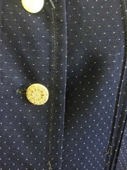 N/L, Navy Blue, Silk, Polka Dots, Faille with White Dots, Long Sleeve Button Front, Peter Pan Collar, Pleated Self Ruffles At Edge Of Collar, Some Of Buttons Are White with Intricate Gold Pattern, (Top 3 Are Plain White - Possibly Replaced), 3 Pintucks At Either Side Of Button Placket and At Cuffs, Scallopped Yoke Seam In Back with Vertical Pleats At Center Back, Slate Gray Cotton Lining,