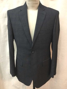 Mens, Suit, Jacket, ALFRED SUNG, Dk Gray, Charcoal Gray, Lt Blue, Wool, Plaid-  Windowpane, 38R, Dark Gray with Faint Charcoal and Dusty Blue Windowpane, Single Breasted, Notched Lapel, 2 Buttons,  3 Pockets, Black Lining
