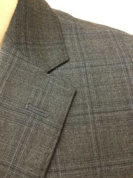 Mens, Suit, Jacket, ALFRED SUNG, Dk Gray, Charcoal Gray, Lt Blue, Wool, Plaid-  Windowpane, 38R, Dark Gray with Faint Charcoal and Dusty Blue Windowpane, Single Breasted, Notched Lapel, 2 Buttons,  3 Pockets, Black Lining