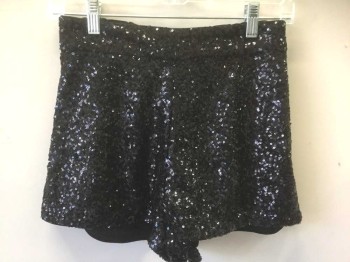 Womens, Shorts, H&M, Black, Sequins, Polyester, Solid, 4, Black Tiny Sequin Covered, Elastic Waist, High Waisted, 1" Inseam, Invisible Zipper at Side