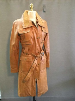 Womens, Trench Coat, SUPERIOR, Tan Brown, Faux Leather, S, 3/4 Length Coat, Hidden Zip & Snap Front Closure, Rib Knit Collar with Leather Trim, 6 Pockets, 3 Oversized Belt Loops with Self Belt