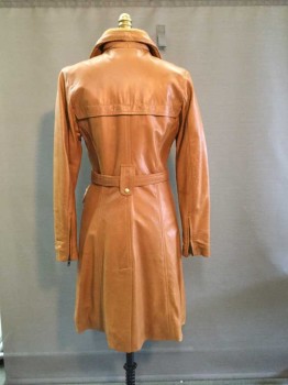 Womens, Trench Coat, SUPERIOR, Tan Brown, Faux Leather, S, 3/4 Length Coat, Hidden Zip & Snap Front Closure, Rib Knit Collar with Leather Trim, 6 Pockets, 3 Oversized Belt Loops with Self Belt