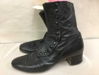 Womens, Boots 1890s-1910s, N/L, Black, Leather, Solid, 8, Cap Toe, Snap Side, Covered Stack 1.5" Heel, High Ankle