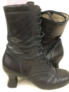 Womens, Boots 1890s-1910s, La Dulca, Black, Leather, Solid, 9.5, Cap Toe 3" High Heel, Lacing/Ties and Side Zip,  Mid Calf, Dance Boot, Very Nice and In Excellent Condition