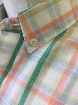 ARNOLD PALMER, White, Lt Pink, Kelly Green, Lt Blue, Lt Yellow, Polyester, Cotton, Plaid-  Windowpane, Short Sleeve Button Front, Collar Attached, Button Down Collar, 2 Pockets