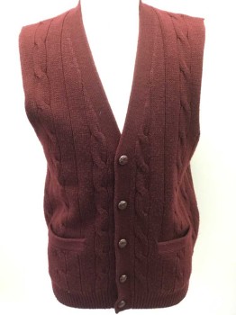 TOWN CRAFT, Maroon Red, Acrylic, Cable Knit, 5 Buttons, 2 Pockets, V-N,