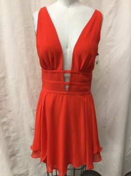 BEBE, Red, Polyester, Solid, Sleeveless, Plunging V-neck, Layered Skirt, Back Zip