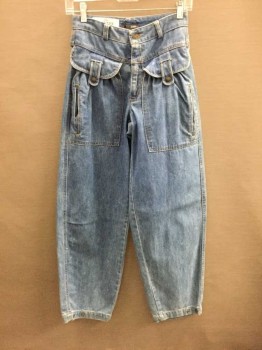 LIZ WEAR, Denim Blue, Cotton, Faded Denim, W/2 Oversized Pockets At Center Front W/ 5 Pockets Total (4 In Front, 1 In Back), Full Thighs That Taper At Leg, Zip Fly,