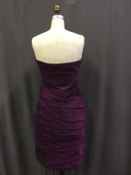 ML, Plum Purple, Polyester, Solid, Strapless, Side Zipper, Rouched Chiffon, Boning at Sides of Bodice