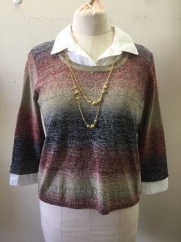 Womens, Pullover, ALFRED DUNNER, Brick Red, Tan Brown, Navy Blue, White, Cotton, Acrylic, Ombre, Stripes, Petite, XL, 3/4 Sleeve Pullover, White Cotton Collar Dickie/Cuff, Gold Necklace Attached