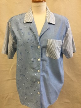 Womens, Blouse, G.W., Lt Blue, White, Cotton, Polyester, Stripes, Floral, M, S/S, Button Front, Collar Attached, Mish Mosh of Solid, Floral & Seersucker