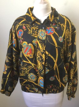 Womens, Jacket, DETAILS SPORTSWEAR, Black, Multi-color, Silk, Novelty Pattern, M, Black with Golden Yellow Chains/Jewels Pattern, Zip and Snap Front, Padded Shoulders,