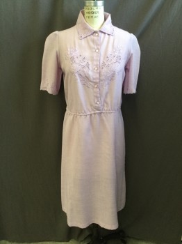 N/L, Lavender Purple, Cotton, Linen, Solid, Eyelet Accents, S/S, Shirt Waist, Collar Attached, Knee Length