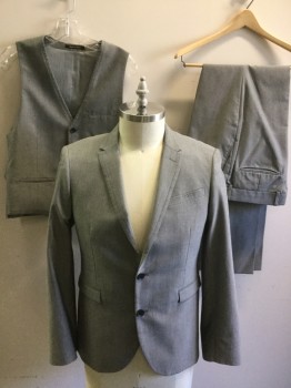 Mens, Hotel 3 Piece, ALTAMODA, Lt Gray, Polyester, Viscose, 2 Color Weave, 42R, Single Breasted, 2 Buttons,  Seam Detail on Notched Lapel, 1 Back Vent