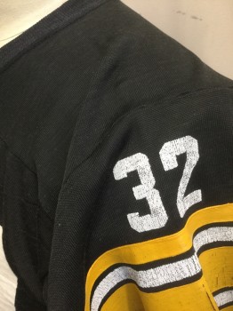 Mens, Athletic, SUPER SPORTS, Black, White, Yellow, Polyester, Text, L, Vintage Pittsburgh Steelers Fan Shirt, Black Knit with Yellow and White Stripes at Cuffs, Large White "32" at Chest & Back, Short Sleeves, Crew Neck,