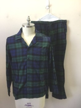 Mens, Sleepwear PJ Top, J. CREW, Navy Blue, Dk Green, Black, Cotton, Plaid, L, Flannel, Long Sleeve Button Front, Rounded Notch Lapel with Navy Piping Trim, 1 Pocket