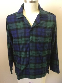 Mens, Sleepwear PJ Top, J. CREW, Navy Blue, Dk Green, Black, Cotton, Plaid, L, Flannel, Long Sleeve Button Front, Rounded Notch Lapel with Navy Piping Trim, 1 Pocket