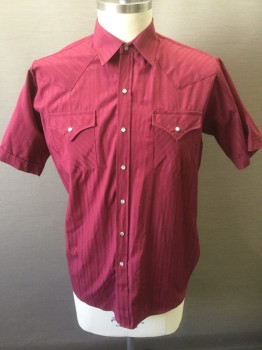 Mens, Western, ELY CATTLEMAN, Maroon Red, Poly/Cotton, Stripes - Vertical , L, N:16.5, Self Vertical Stripe and Vertical Diamond Stripes, Short Sleeves, Collar Attached, Snap Front, 2 Flap Pockets with Snap Closures, Western Style Yoke/Styling