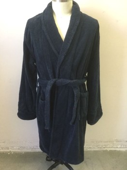 Mens, Bathrobe, LANDS END, Navy Blue, Cotton, Solid, L, Terry Cloth, Long Sleeves, Shawl Lapel, 2 Patch Pockets, Belt Loops, **2 Piece, with Matching Self Fabric Sash BELT