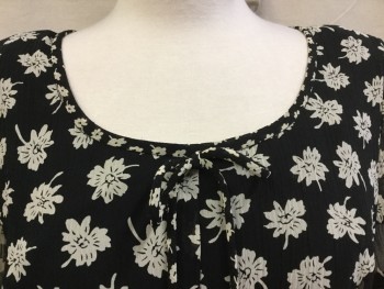 DONNA RICCO, Black, Cream, Polyester, Floral, Black with Cream Flower Print, Black with Smaller Cream Floral Print Round Neck Trim with Self Bow Tie & 3" Hem, Short Sleeves, Bias Cut Skirt, Back Zipper,