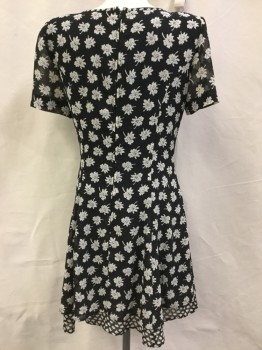 DONNA RICCO, Black, Cream, Polyester, Floral, Black with Cream Flower Print, Black with Smaller Cream Floral Print Round Neck Trim with Self Bow Tie & 3" Hem, Short Sleeves, Bias Cut Skirt, Back Zipper,