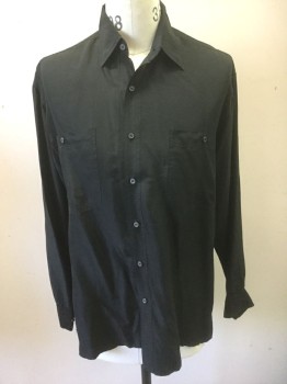 ROBERT STOCK, Black, Silk, Solid, Long Sleeve Button Front, Collar Attached, 2 Patch Pockets with Button Closures, **Ripped at Side Seam 1/28/2020