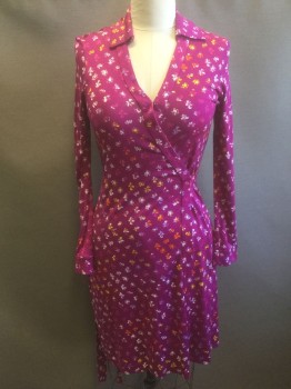 Womens, Dress, Long & 3/4 Sleeve, DVF, Magenta Pink, Multi-color, White, Yellow, Lilac Purple, Silk, Floral, 10, Magenta Pink-Purple with Yellow/Orange/White/Lilac Flowers Pattern, Silk Jersey, Long Sleeves, Collar Attached, Wrap Dress, Knee Length