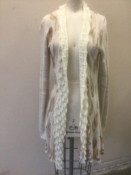 Womens, Sweater, NICOLE SABBATTINI, White, Terracotta Brown, Beige, Gray, Acrylic, Nylon, Abstract , M, White with Abstract Lines/Ovals in Earthtone Colors, Lightweight Sheer Knit, Solid White Scalloped Texture Shawl Collar, Open at Center Front with No Closures, Below Hip/Tunic Length