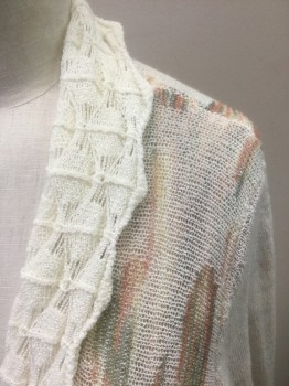 Womens, Sweater, NICOLE SABBATTINI, White, Terracotta Brown, Beige, Gray, Acrylic, Nylon, Abstract , M, White with Abstract Lines/Ovals in Earthtone Colors, Lightweight Sheer Knit, Solid White Scalloped Texture Shawl Collar, Open at Center Front with No Closures, Below Hip/Tunic Length