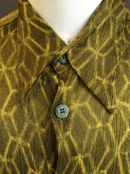 ATLANTIC CONNECTION, Olive Green, Polyester, Geometric, Shimmer Goldish-olive, Collar Attached, Button Front, Long Sleeves,