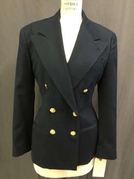 RALPH LAUREN, Navy Blue, Wool, Solid, Double Breasted, Peaked Lapel, 3 Pockets,