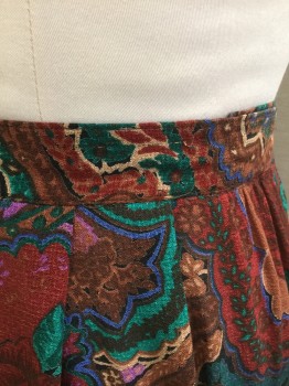 DVF, Multi-color, Maroon Red, Teal Blue, Brown, Beige, Rayon, Paint Splatter, Crepe, 1" Wide Self Waistband, Pleated & Gathered at Waist, Straight Fit Skirt, Hem Below Knee, Invisible Zipper at Side,