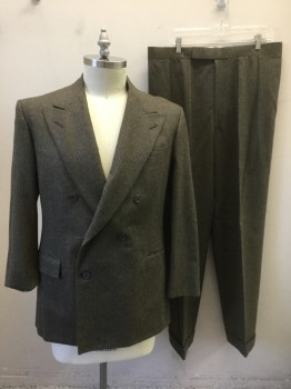 Mens, 1990s Vintage, Suit, Jacket, AVERY LUCAS, Brown, Lt Brown, Wool, Stripes - Pin, 42R, Double Breasted, Wide Peaked Lapel, 3 Pockets, Light Gray Solid Lining,