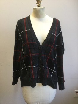 Womens, Sweater, BLOOMINGDALES, Charcoal Gray, Red, White, Black, Cashmere, Plaid, M, Deep V.neck Cardigan, Long Sleeves, Plaid Front Solid Charcoal Back