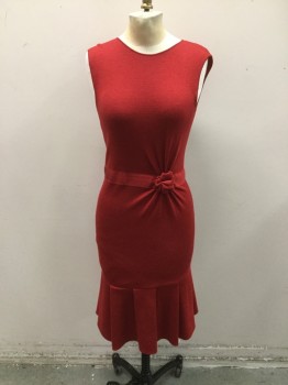 GIAMBATTISTA VALLI, Red, Wool, Solid, Knitted. Crew Neck, Sleeveless. Grosgrain Ribbon at Dropped Waist, with Rushed at Side Front. Pleated Flare at Hemline, Narrow Pleated Dress