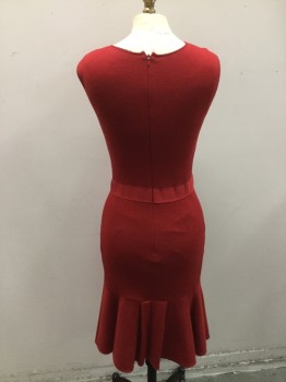 GIAMBATTISTA VALLI, Red, Wool, Solid, Knitted. Crew Neck, Sleeveless. Grosgrain Ribbon at Dropped Waist, with Rushed at Side Front. Pleated Flare at Hemline, Narrow Pleated Dress
