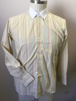 Mens, Dress Shirt, JORDACHE, Yellow, Mint Green, Pink, Off White, Gray, Polyester, Cotton, Stripes - Vertical , 34, 16.5, Solid Off White Collar Attached, Button Front, Long Sleeves,