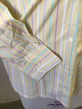 Mens, Dress Shirt, JORDACHE, Yellow, Mint Green, Pink, Off White, Gray, Polyester, Cotton, Stripes - Vertical , 34, 16.5, Solid Off White Collar Attached, Button Front, Long Sleeves,