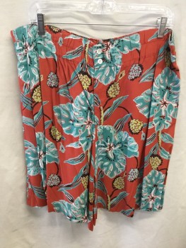 Mens, 1990s Vintage, P2, BANANA REPUBLIC, Tomato Red, Aqua Blue, Black, Chartreuse Green, White, Rayon, Floral, W:36, Shorts - Elastic Waist, Button Fly, Double Button Center Front Waistband, Elastic Has Little Life Left