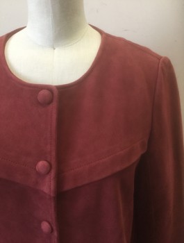 Womens, Casual Jacket, BA&SH, Maroon Red, Suede, Solid, Sz.1, S, Goat Suede, Snap Front with Decorative Self Covered Buttons, Horizontal Pleat Across Bust, Round Neck, Maroon Cotton Lining