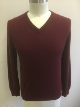Mens, Pullover Sweater, BLOOMINGDALE'S, Red Burgundy, Cashmere, Solid, L, Knit, V-neck, Long Sleeves