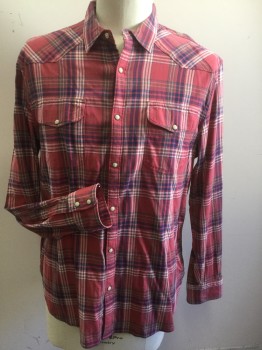 Mens, Western, LUCKY BRAND, Dusty Red, Navy Blue, Olive Green, Cream, Cotton, Elastane, Plaid, 37, 17-.5, XL, Long Sleeves, Snap Front, 2 Pockets, Flannel,