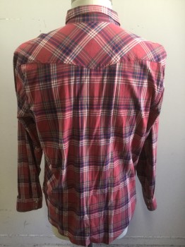 LUCKY BRAND, Dusty Red, Navy Blue, Olive Green, Cream, Cotton, Elastane, Plaid, Long Sleeves, Snap Front, 2 Pockets, Flannel,