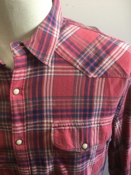Mens, Western, LUCKY BRAND, Dusty Red, Navy Blue, Olive Green, Cream, Cotton, Elastane, Plaid, 37, 17-.5, XL, Long Sleeves, Snap Front, 2 Pockets, Flannel,