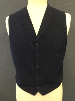 MTO, Navy Blue, Wool, Stripes - Pin, Navy Grey Pin Stripe. Middle Class. Notched Lapel, 4 Welt Pockets, 5 Button Single Breasted, Adjustable Waist at Center Back,