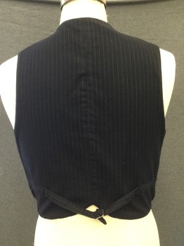 MTO, Navy Blue, Wool, Stripes - Pin, Navy Grey Pin Stripe. Middle Class. Notched Lapel, 4 Welt Pockets, 5 Button Single Breasted, Adjustable Waist at Center Back,