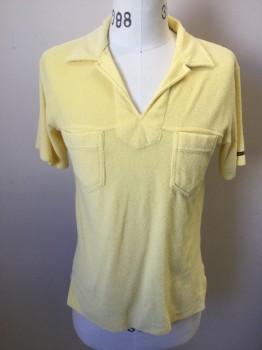 LEFT BANK, Lemon Yellow, Poly/Cotton, Solid, Terry Cloth, Short Sleeves, Open Front, Collar Attached, 2 Pockets
