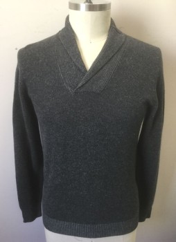 Mens, Pullover Sweater, PIATELLI, Gray, Wool, Cashmere, Solid, L, Knit, Long Sleeves, Small Shawl Collar, Pullover